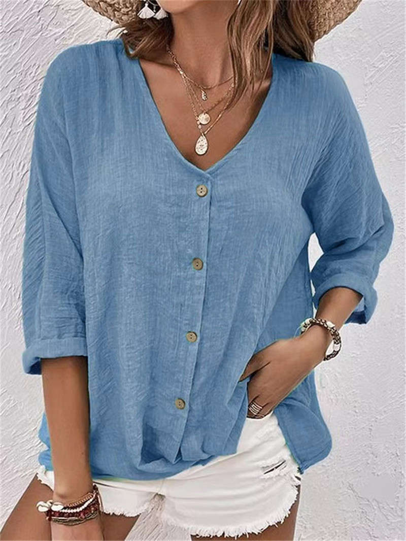 Botões elegantes blusa sólida  - Sewing V avaliação e preço